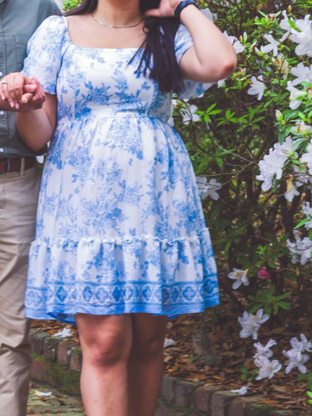 Floral Blue and White Square-Neck Dress